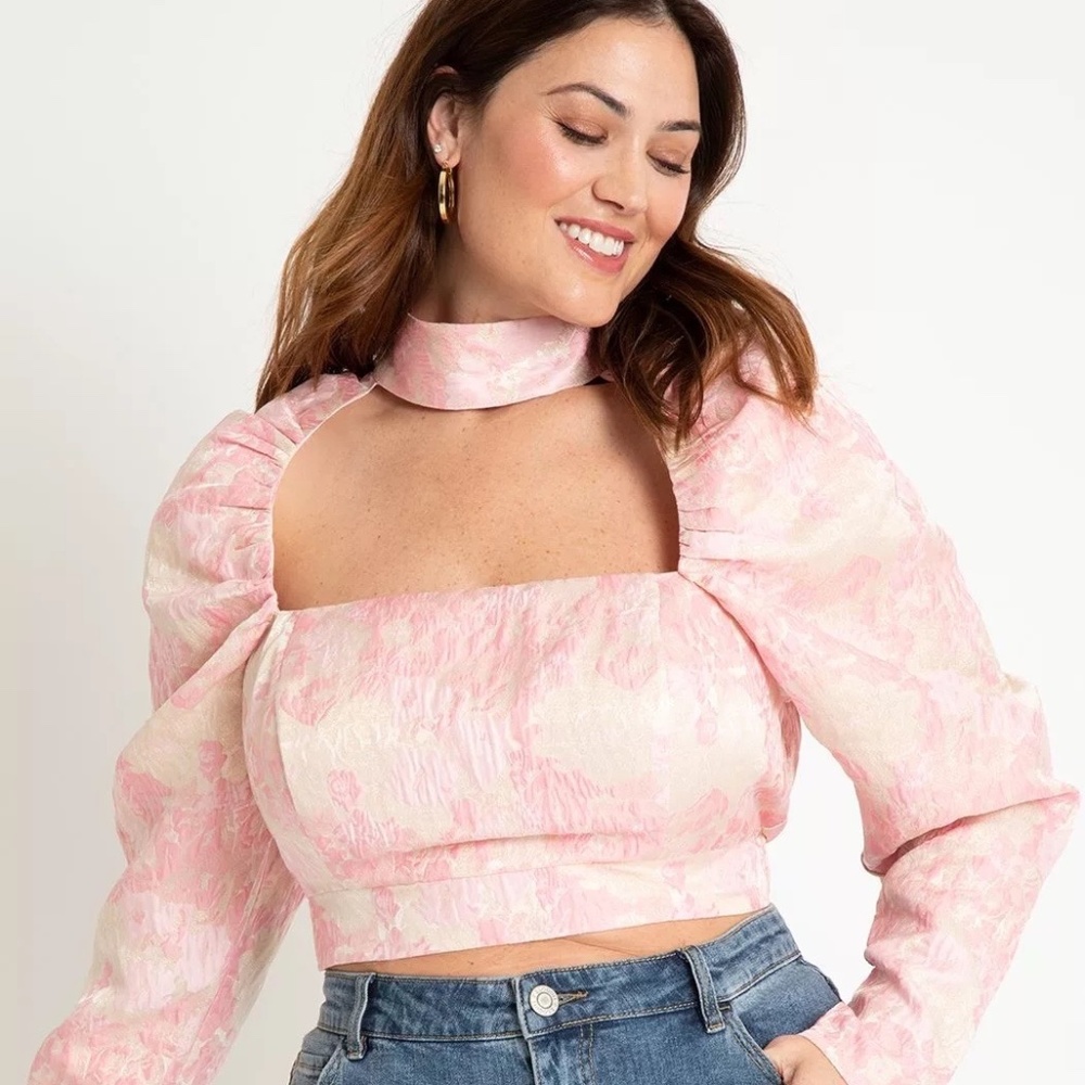 NWT ELOQUII Puff Sleeve Cropped Jacquard Top
